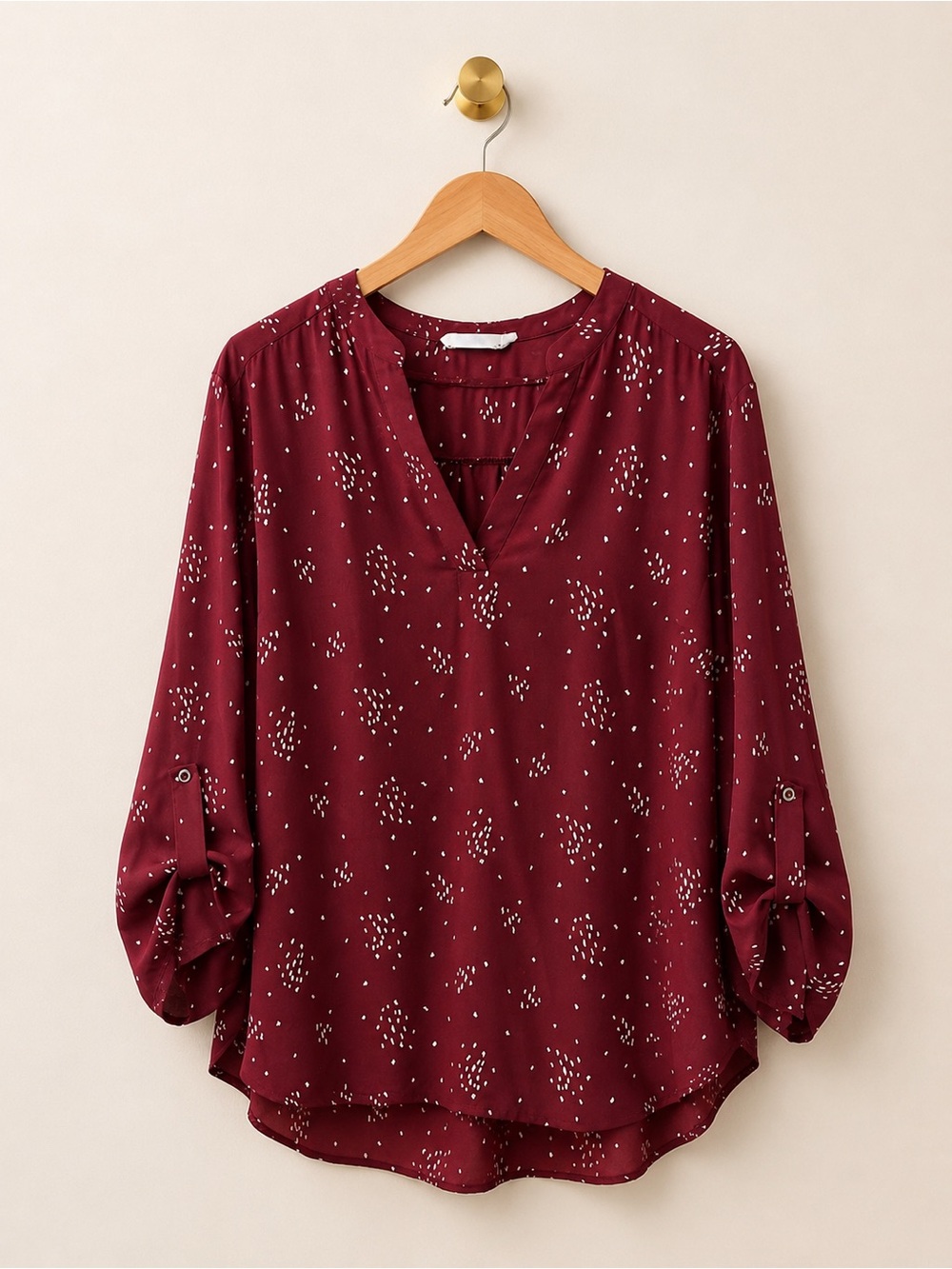 LUSH 2X Berry Cream Printed Roll Tab Sleeve Blouse Tunic Top